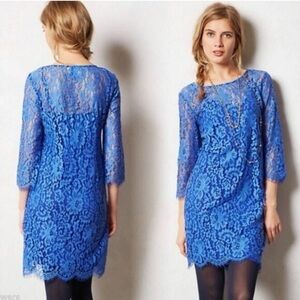 HD in Paris Anthropology Royal Blue Lace Dress Size M Sheer Romantic Boho